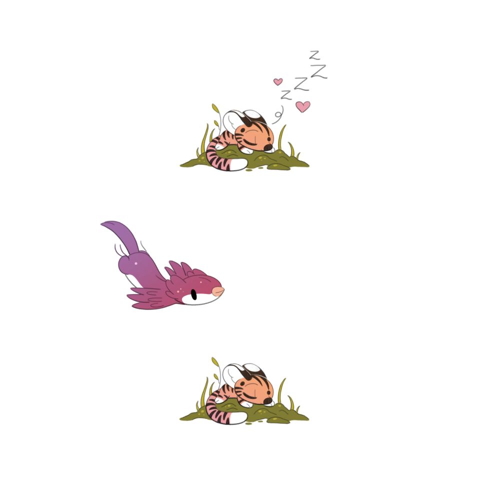 tigermouse is asleep on a mossy rock, a sparrow weasel flies by