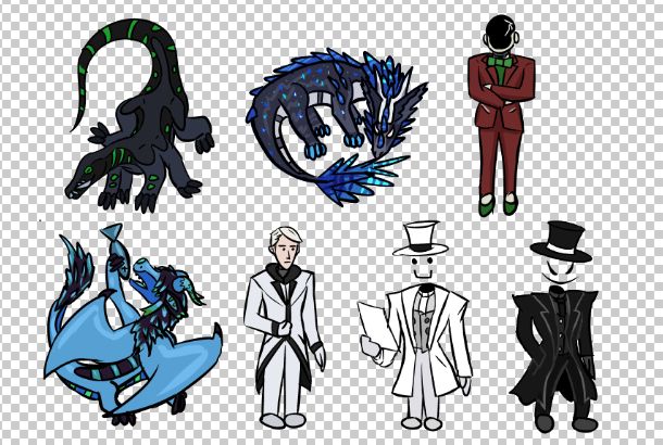7 coloured doodles of various humanoid and dragon characters.