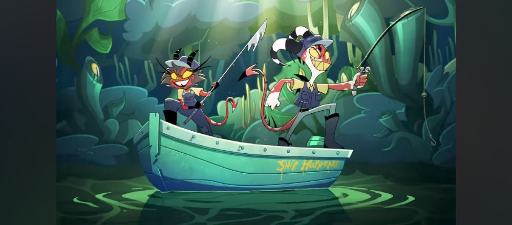 Millie and Blitzø on a boat in Helluva Boss short Whacked Off