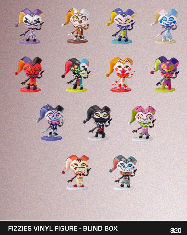 Fizzies blind box figures from Helluva Boss. Different versions of robot Fizzarolli.