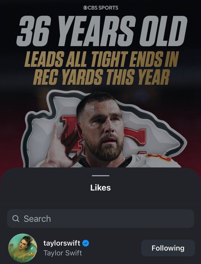 A picture showing Taylor Swift liking a picture where it says that Travis Kelce being 36 yrs old and he is still leading all Tight Ends in Rec Yards this year.