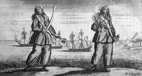 Woodcut of two pirates with swords stand on a hill with four pirate ships sailing in the distance. (image from James Ford Bell Library, University of Minnesota)