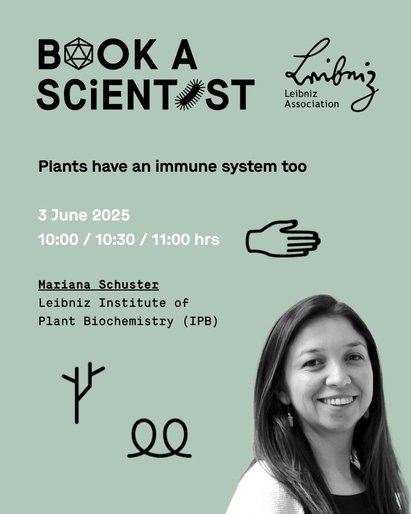 Book A Scientist Logo, Porträt Mariana Schuster vom Leibniz-Institut für Pflanzenbiochemie, Thema Immunsystem von Pflanzen, Termine am 3. Juni 2025 um 10.00, 10.30, 11:00 Uhr 