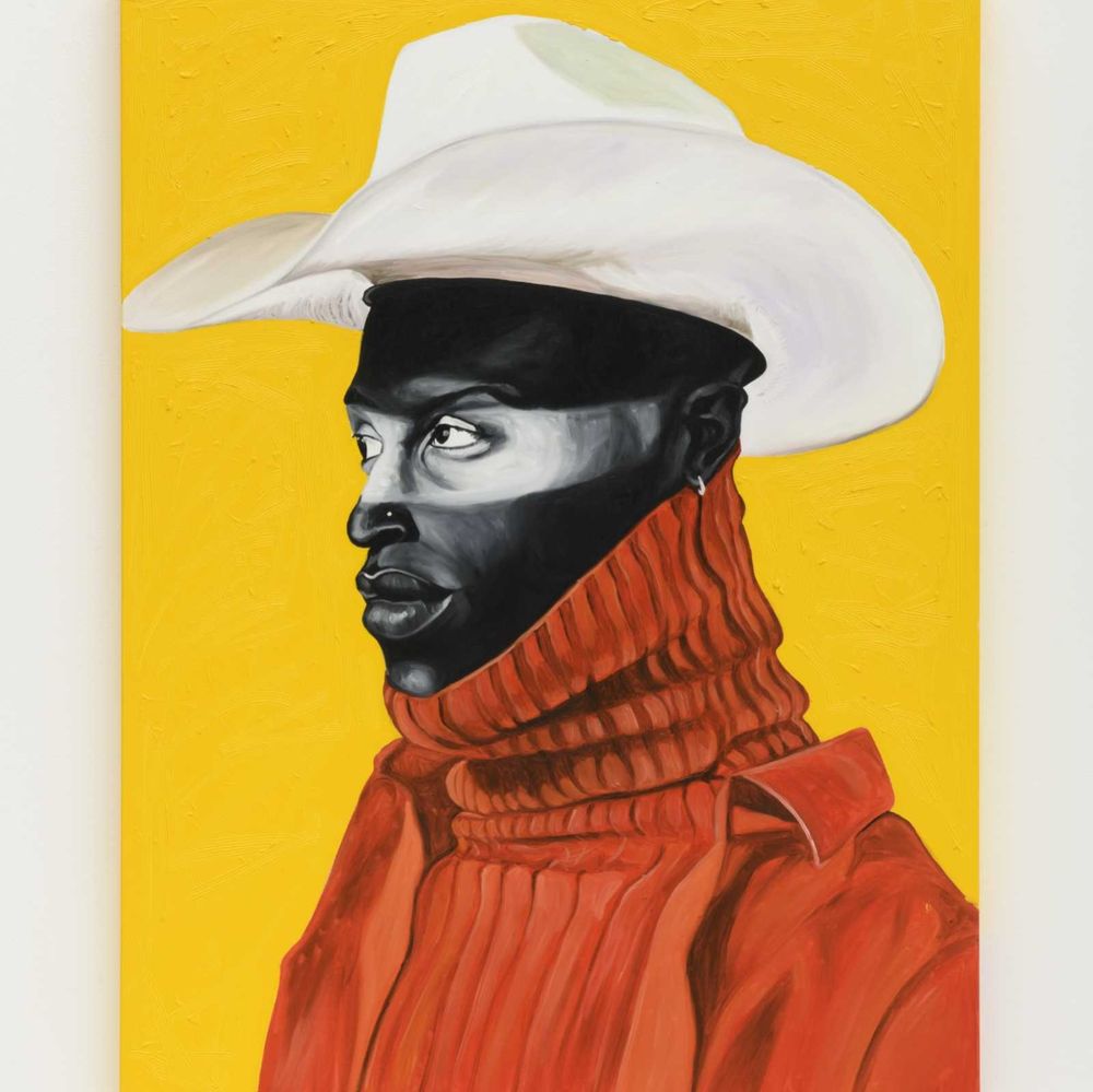 a painting of a black cowboy in a white hat and red shirt on a canary yellow background