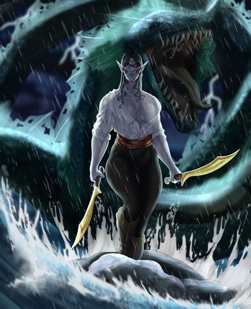 Val after she lost her eye to the sea god. God is shown in the background as a sepent, Val is holding two golden scimitars