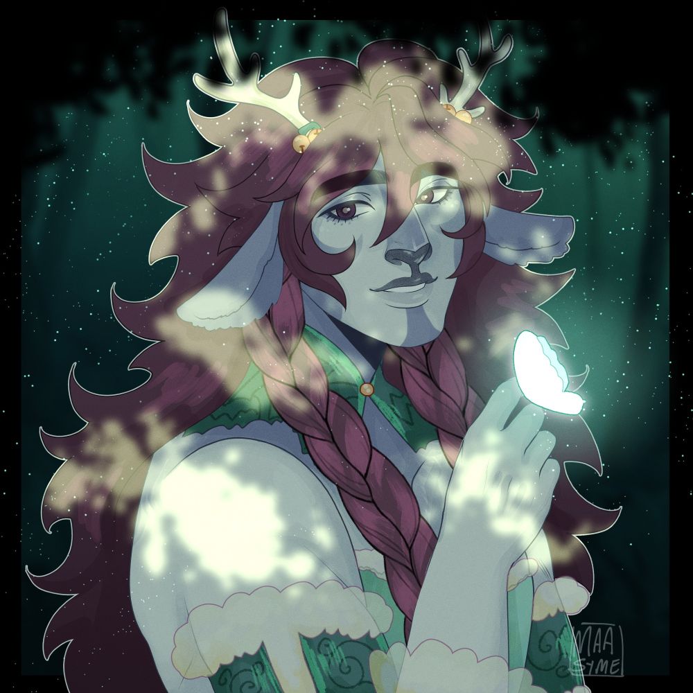 A bluish white firbolg with drk hair and two braids holding a glowing butterfly