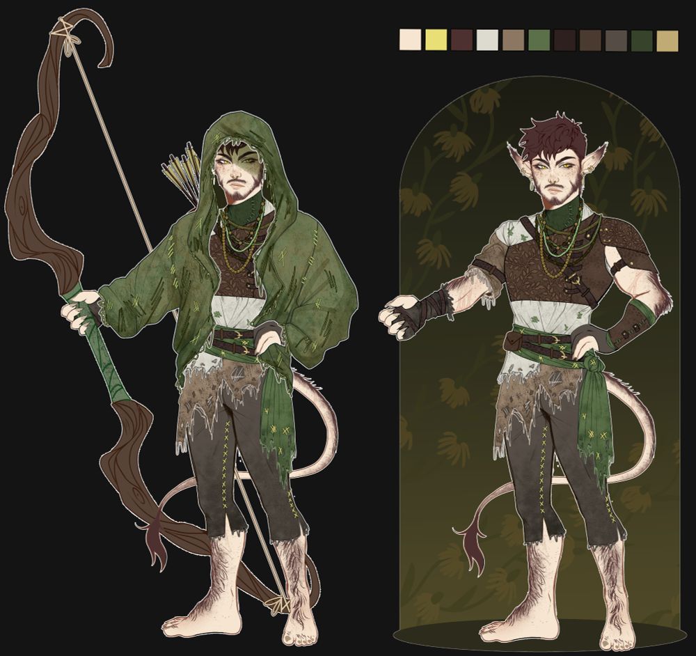 Cam, Halfling Ranger in very ripped clothes and a large green Cloak, holding a massive Longbow