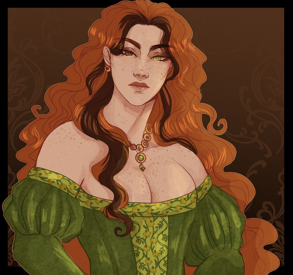 Aster, human woman with heterocromia eyes , brown and green, and lushious ginger hair interrupted by strands of black