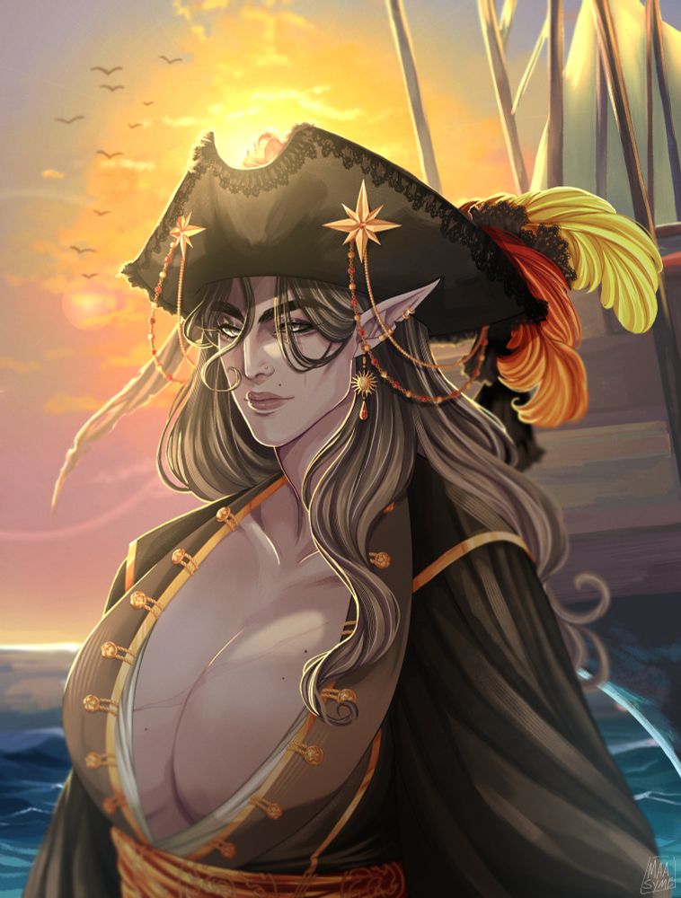 Val looking at the viewer with a sunset in the background, behind her is her ship at the sea