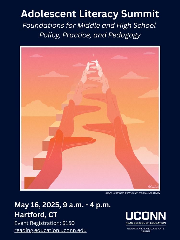 poster advertising the Adolescent Literacy Summit on May 16th in Hartford with art by 58Creativity showing a design based on the ASL sign for "processing"