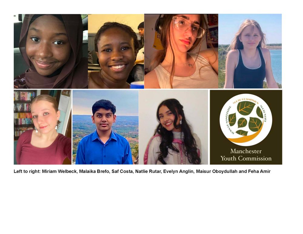 Collage of headshots for 7 Manchester youth commissioners and the youth commission's logo. names of each are listed below. 
