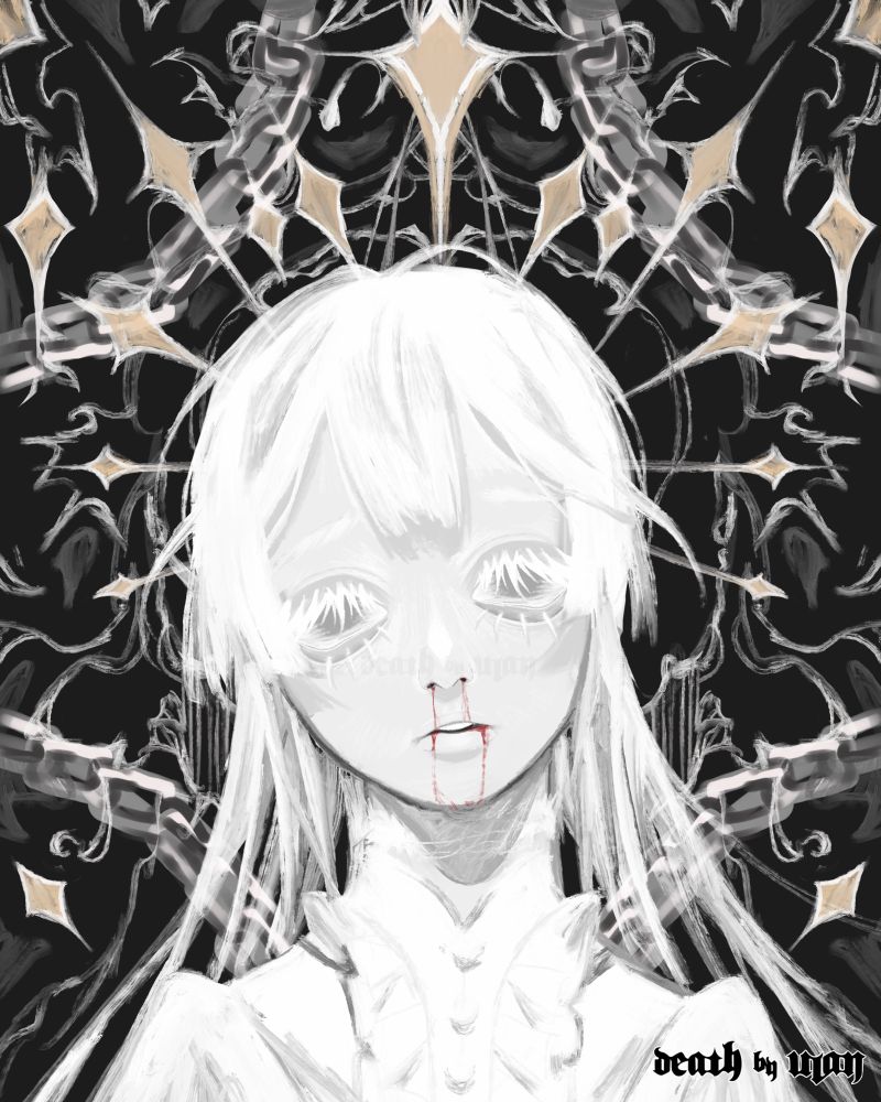 monochromatic young woman wearing white dress and having nosebleed