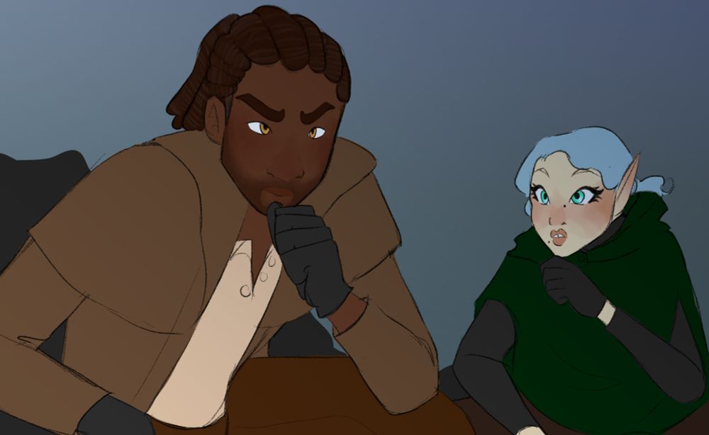 The into the spider verse meme with Peter b Parker and Miles Morales with Miles posed like Peter in the background hand on chins. Except its Malek (Black human man with locs in a ponytail starting of some scruff and golden eyes, wearing a neutral colored outfit and tan trenchcoat) in the foreground and Cynn (Pale elf with pastel blue hair and bright teal eyes, wearing a dark green poncho styled cloak)