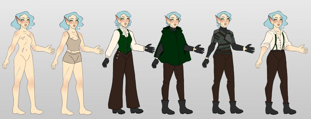 6 Dolls of Cynn (Pale Elf with Pastel Hair in a fluffy bob and Teal eyes) 
From Left to Right
1. A scar map - two scars on either side of her throat, a scar at the base of her throat right at the dip of her collarbone,  scar near her right shoulder and on on her inner left arm, she has a scar cutting in a criss-cross over her right breast, a scar cutting down from her collarbone over her heart, a scar on her right stomach, various little scars on her hands, and a large scar cutting through her right thigh
2. Under things - tan colored brief style underwear and tank style bralette
3. Polite Girl - Hair done in two braids. A cream blouse with a cravat, deep green vest, black gloves, wide legged brown pants, and black boots
4. Tiny Assassin - Hair tied back in a ponytail. Green poncho styled cloak. Brown pants. Black undershirt. Black gloves and boots.
5. Under the Cloak - same brown pants, black shirt, gloves and boots. Revealed is chainmail shirt with armor plating over her heart and on her arms and shoulders
6. Comfy Casual - Cream shirt unbuttoned to under her collarbone, brown pants, green suspenders, and black boots