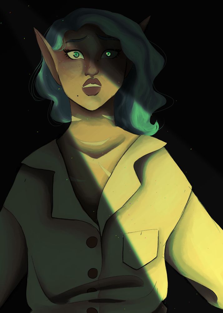 Cynn (blue haired elf girl with teal glowing eyes) standing in the shadow a diagonal cut of light revealing her. Her left eye still in shadow stands out in the darkness as it glows. She looks frightened and surprised.