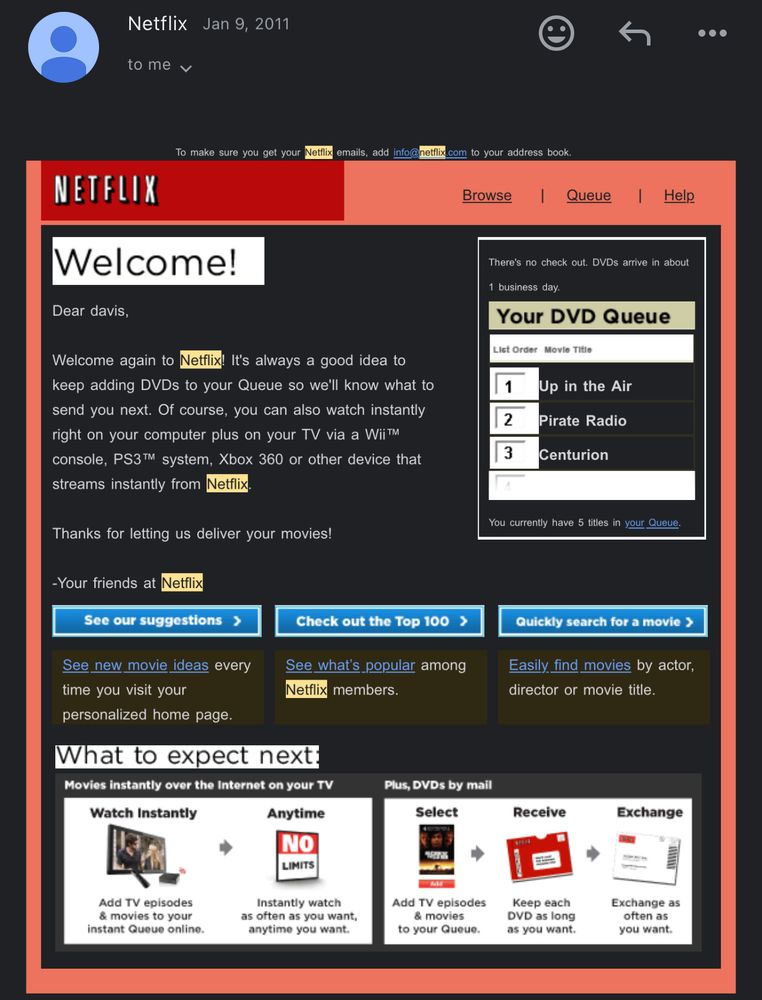 2011 email from Netflix showing the mail in dvd queue