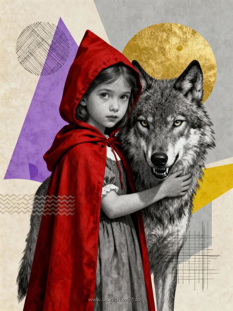 A Victorian 10 year old Red Riding Hood girl hugging a wolf, whimsigothic daydream collage, soft, geometrical, abstract, dreamy pop surrealism, mixed media, in Violet, Red, Old Gold, Grey and Pearl Gray. Wolf is looking intensely into the camera, its expression malicious. Girl's body is monochrome under the red hooded cloak.