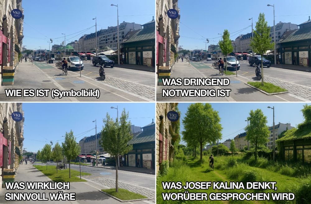 Eine Galerie aus 4 Bildern in Form des „What it really is Memes“, die einen Straßenzug in Wien beim Naschmarkt zeigen.
Im ersten Bild mit dem Titel „Wie es ist“ sieht man die Straße, daneben einen Radweg und einen breiteren Gehweg. Alles durchgehend aspahltiert.
Im zweiten Bild „Was dringend notwendig ist“ sind zwei kleine Grüninseln und zwei schmale Straßenbäume in der Szene einmonitert
Im dritten Bild „was wirklich sinnvoll wäre“ gibt es weitere Grünflächen und Bäume, die Straße wurde durch einen Radweg ersetzt
Im letzten Bild sind alle Flächen mit wild wucherndem Grün überzogen, es gibt zahlreiche Bäume und selbst die Häuser sind komplett mit Pflanzen bedeckt. Beschriftet ist das Bild mit „Was Josef Kalina denkt, worüber gesprochen wird“