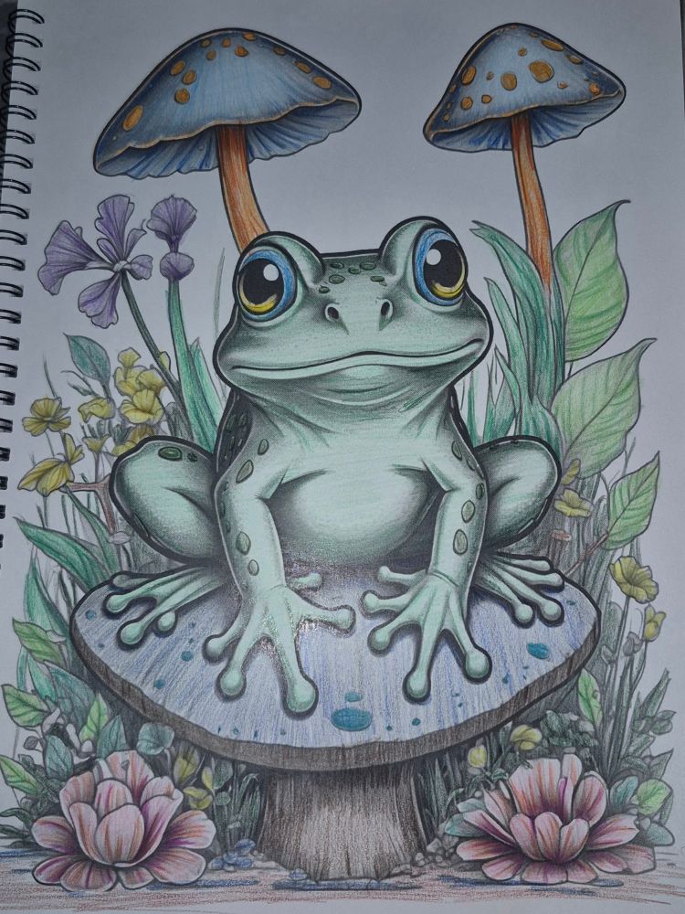 A coloring page from a coloring book. A green frog sitting on a blue mushroom. He is surrounded by flowers and a few taller mushroom and lots of greenery 