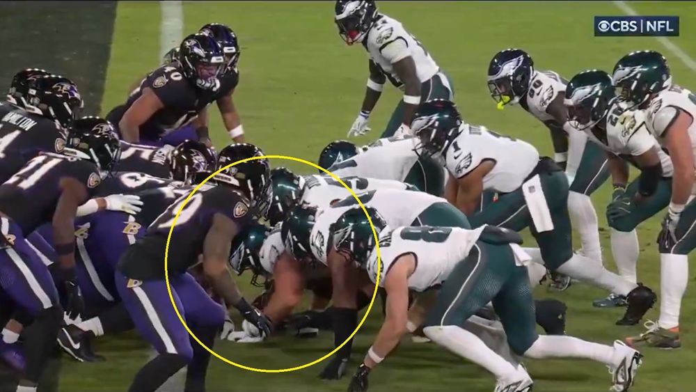 Ravens players offsides in the neutral zone.