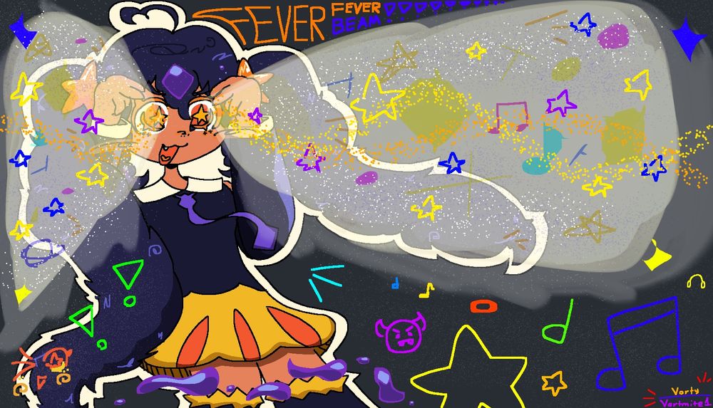 Miku Fever shooting beams from her eyes with various things such as stars and music notes coming out of it and surrounding it

Text above Miku Fever says "FEVER FEVER BEAM !!!"