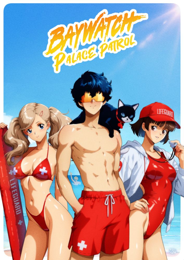 A Baywatch themes fan art of Persona 5 characters drawn in an anime art style. 