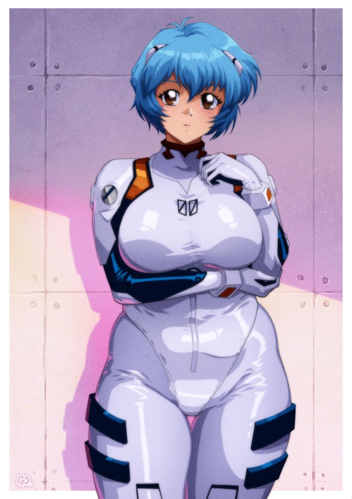 A fan art of Rei Ayanami in her white plug suit drawn in an anime art atyle. 