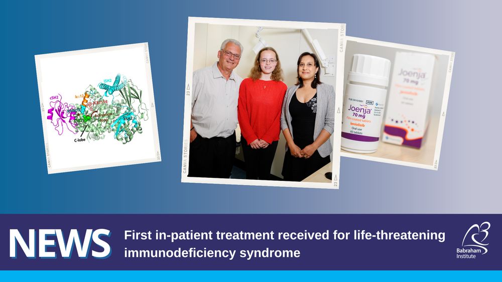 Text reads: News: First in-patient treatment received for life-threatening immunodeficiency syndrome. Images: Trio of images on a blue background. Left: the protein structure of PI3-Kinase delta in complex with a regulatory subunit and a bound inhibitor. Main image: Mary and her father Jimmy Catchpole with Dr Anita Chandra at Addenbrooke’s Hospital. Right: Leniolisib (Joenja). Middle and right image: both by Mel Yeneralski Media Studio. Copyright Cambridge University Hospitals.