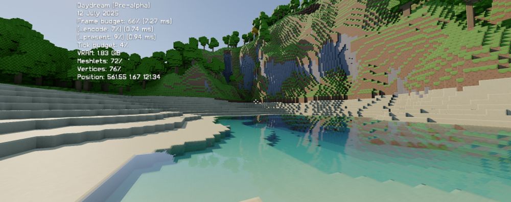 A small pond of blue water reflecting large voxel cliffs.