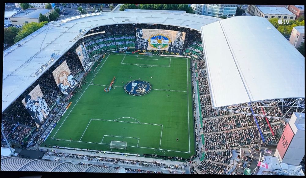 An aerial shot of the Timbers Army tifo celebrating the Timbers 50th anniversary.  The largest painted tifo in MLS history. 