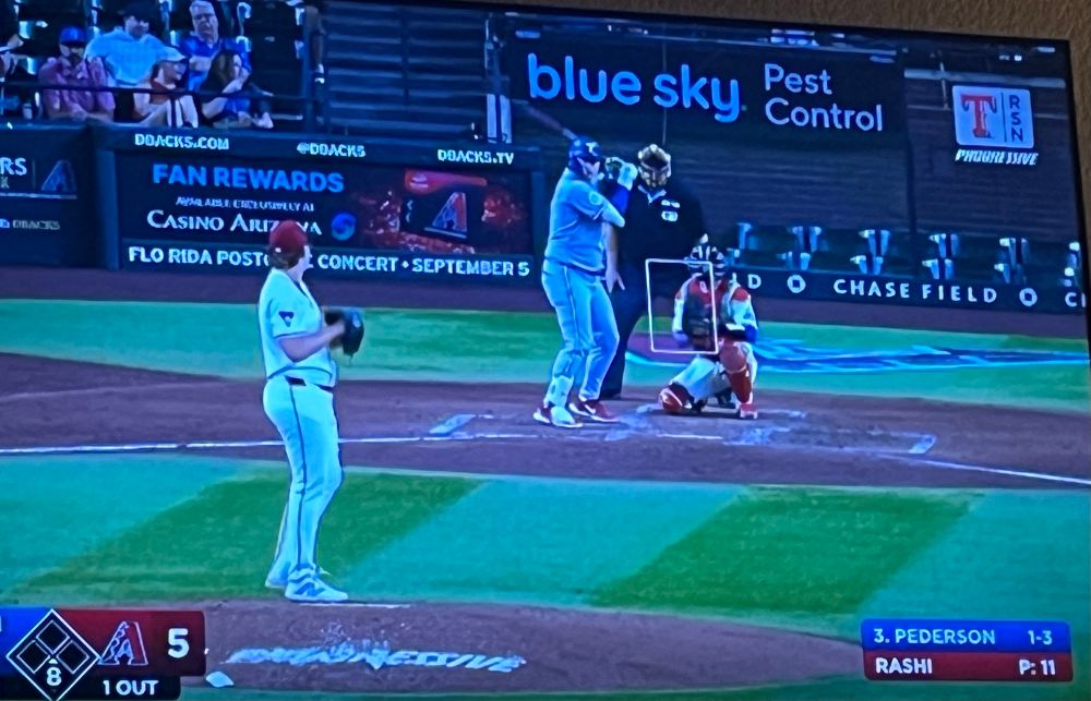 A sign at the Rangers-Dbacks game that says “blue sky Pest Control”