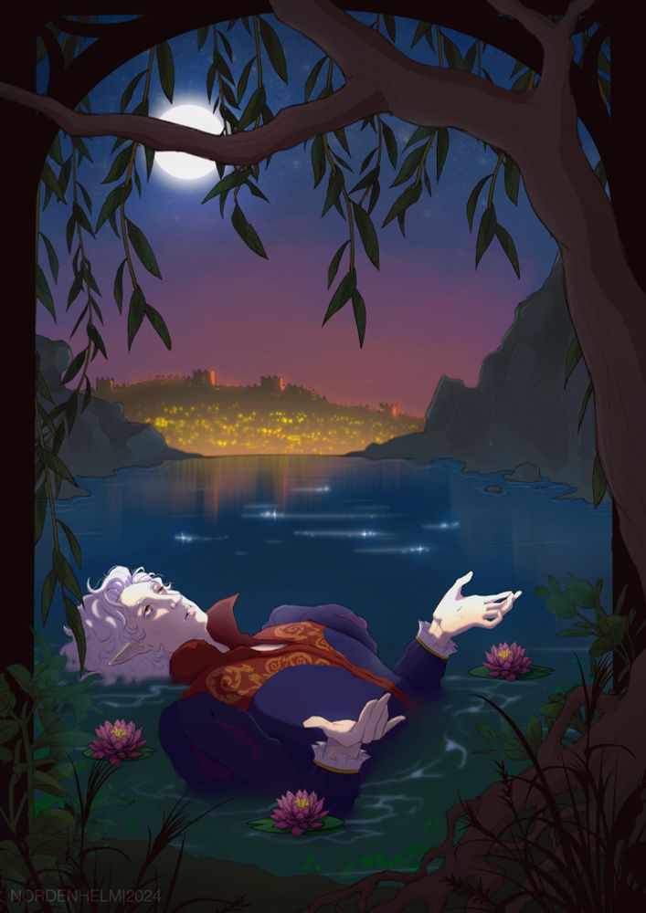 Fanart of a vampire named Astarion from the video game Baldur's Gate 3. Astarion lies in the water, the pose is inspired by a famous Ophelia painting. It's a night time and distant city glowing in a distance. There are plants and a big willow tree going around the frame of the drawing. 

