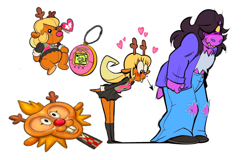 Susie and Noelle Deltarune doodles I made a few years ago. Beanie baby Noelle, Noelle staring at Susie's tail. Flat Squidward Noelle.