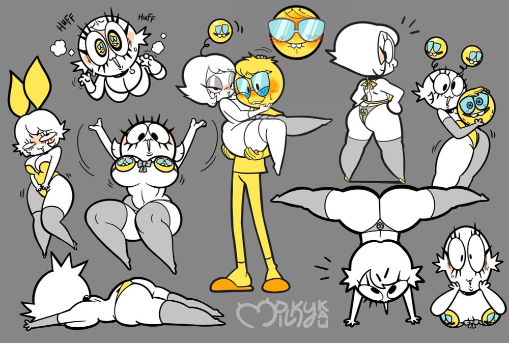 A collection of drawings of my sona being utterly annoying to her blorbo (the nerd emoji). 