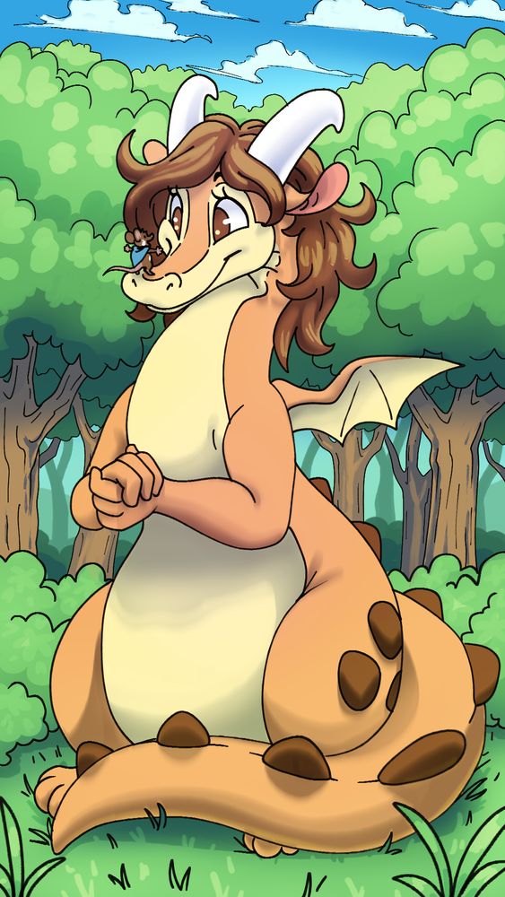 A drawing of an orange-and yellow dragon sitting in the middle of a forest; she is a rounded, friendly shaped dragon with smooth spines, tiny wings, cow-like droopy ears, and a head of wavy brown hair. On her snout is a very small mouse wearing a blue shawl over its shoulders. The mouse stands on it's hind legs and gesticulates widely.