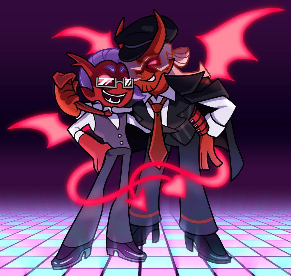 An illustration of two demon characters in the style of the adult cartoon "Panty and Stocking with Garterbelt". On the left is a shorter demon gentlemen with purple hair, stublty branching horns, and a dark purple vest and tie. He has one hand around the waste of a taller demon. This other character has long, pink hair with some in a bun, upwards curved horns, and a dark pinstripe suit. He leans forwards to try and match his companions height and reaches behind him to grab his necktie like a leash. Both of them display glowing red demon wings and tails as if they were ethereal or manifesting. The background is dark and club-like with glowing floor tiles alternating light pink and blue.