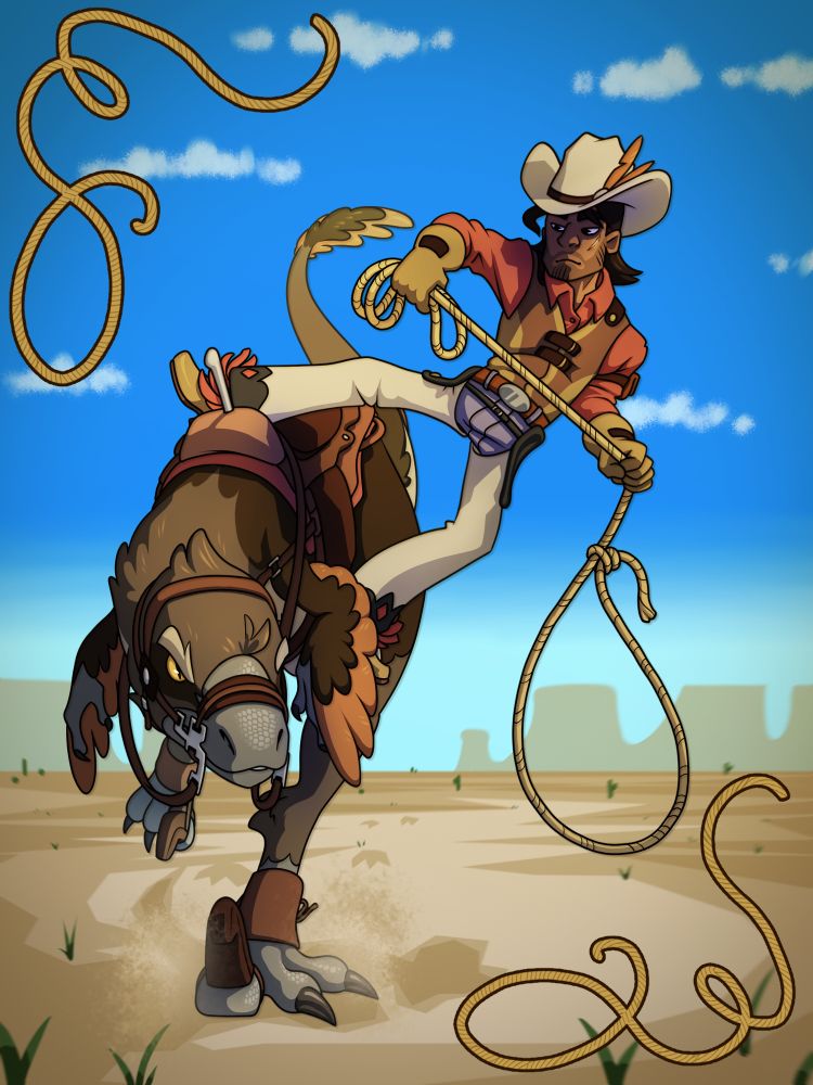 An illustration of a rugged looking cowboy standing off-kilter on the stirrup and horn of the saddle being worn by a dinosaur. The dinosaur is a brown raptor with orange wing feathers and a leathery snout; he looks forwards determined as they ride, and his rider is holding a lasso at the ready. Behind them is an open stretch of desert with sheer cliffs in the distance.
