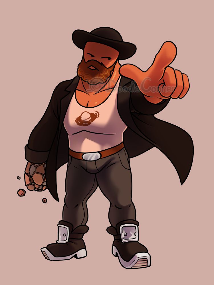 Character illustration of a beefy, orange fleshed man with less facial features than is typical. He wears an outfit similar to the Undertakers and points towards the viewer with one hand. His other hand is covered with a tight nit covering of stones, with smaller pebbles floating nearby implying that they were magically assembled there.
