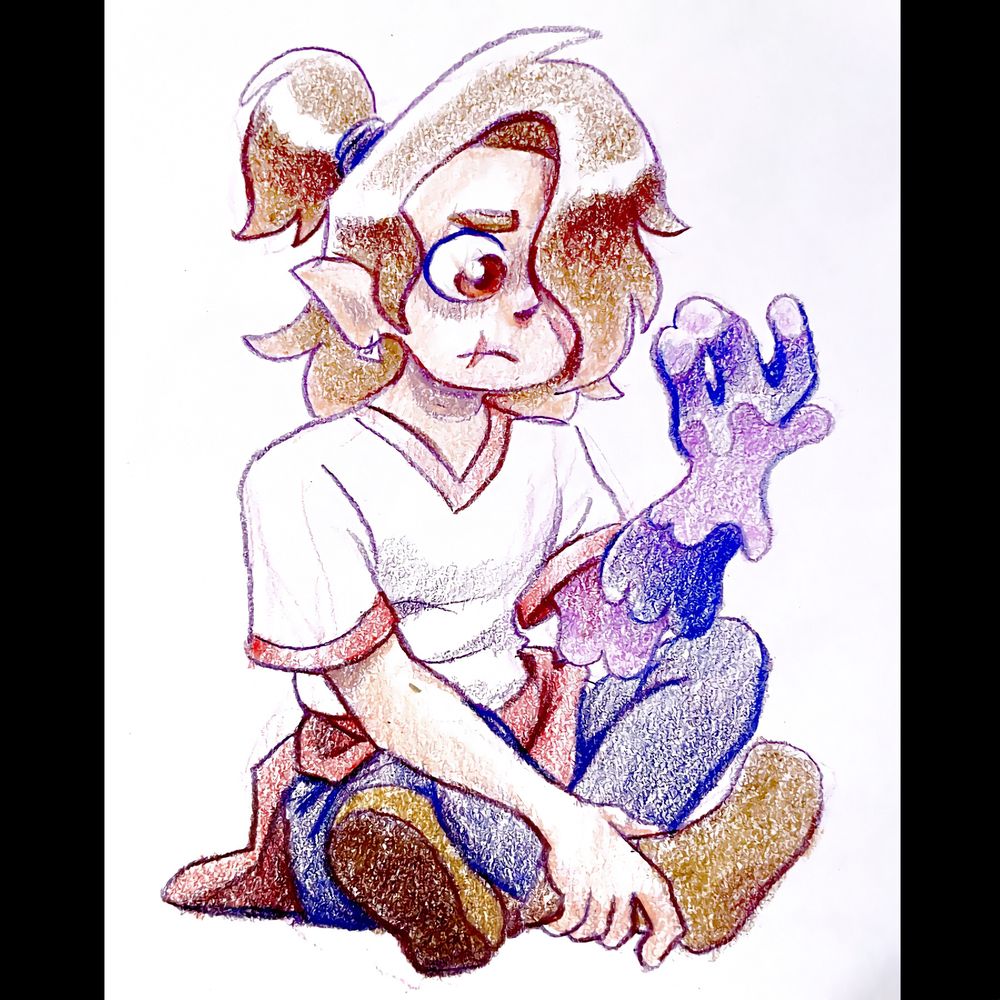 A colored pencil drawing of a brunette boy seating on the ground with legs crossed. He has a scarred face, hair dropping over one eye, a high ponytail, and casual dress. His one arm is comprised of a purple ooze which he looks at tensely.