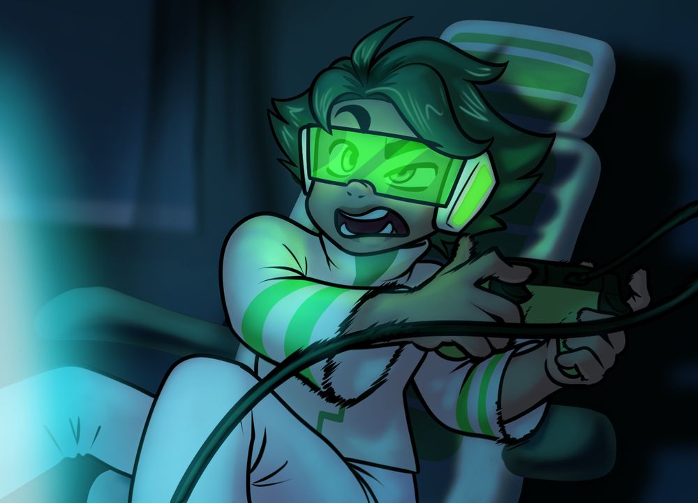 An illustration of a young boy sitting in the dark while playing videogames. He wears a glowing green headset with glass across the eyes and a green-and-white outfit. His gamer-chair which he leans back wildly in is similarly colored and a harsh glow of a screen bleeds into one side of the canvas.