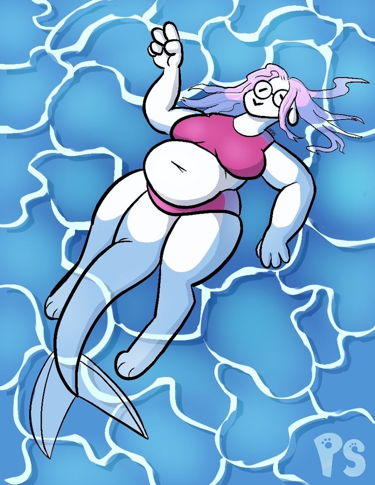 A white seal with long pink hair is lazily floating in a pool. She’s throwing a peace sign.