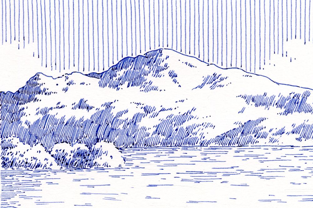 A blue ink drawing on a white paper background of a lake and hillside scene. The drawing is monochrome blue and created with a fountain pen line hatching shading technique. 