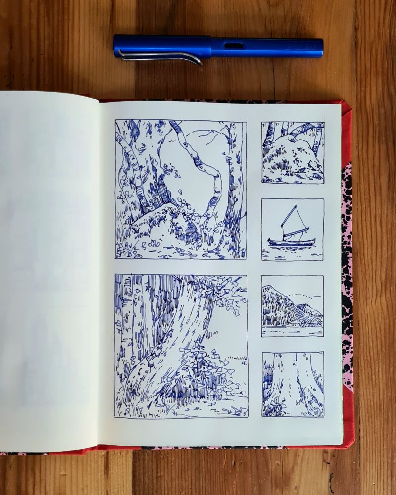 A photo of an open sketchbook with a collection of my fountain pen ink drawings. The drawings are monochrome blue and created with a fountain pen line hatching shading technique 
