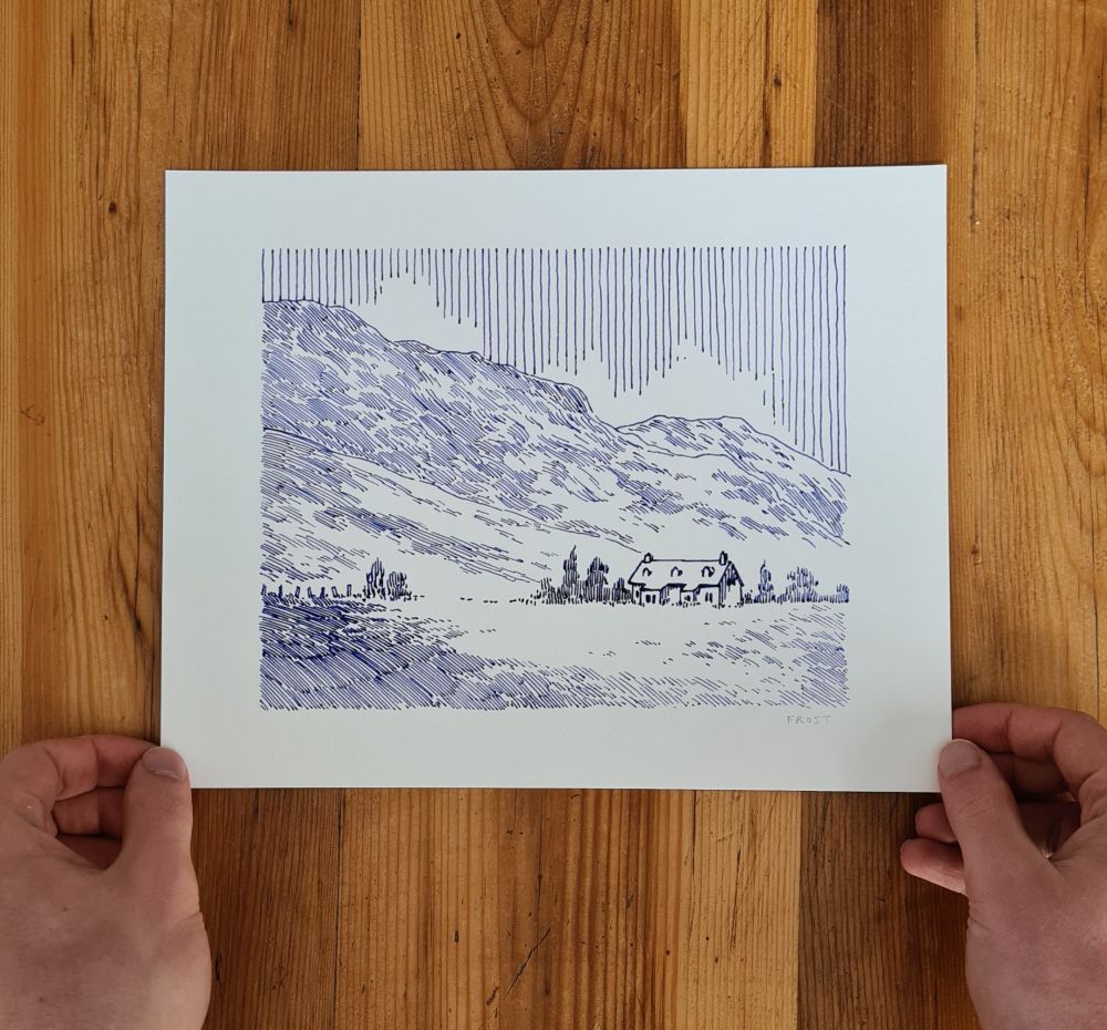 A photo of a fine art print of a fountain pen ink drawing illustration of a highland cottage in the Scottish hills. The drawing is monochrome blue and created with a fountain pen line hatching shading technique 