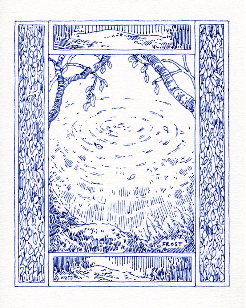 A hand-drawn decorative border illustration featuring drawings of ripples in a lake on white paper. The drawing is monochrome blue and created with a fountain pen line hatching shading technique 