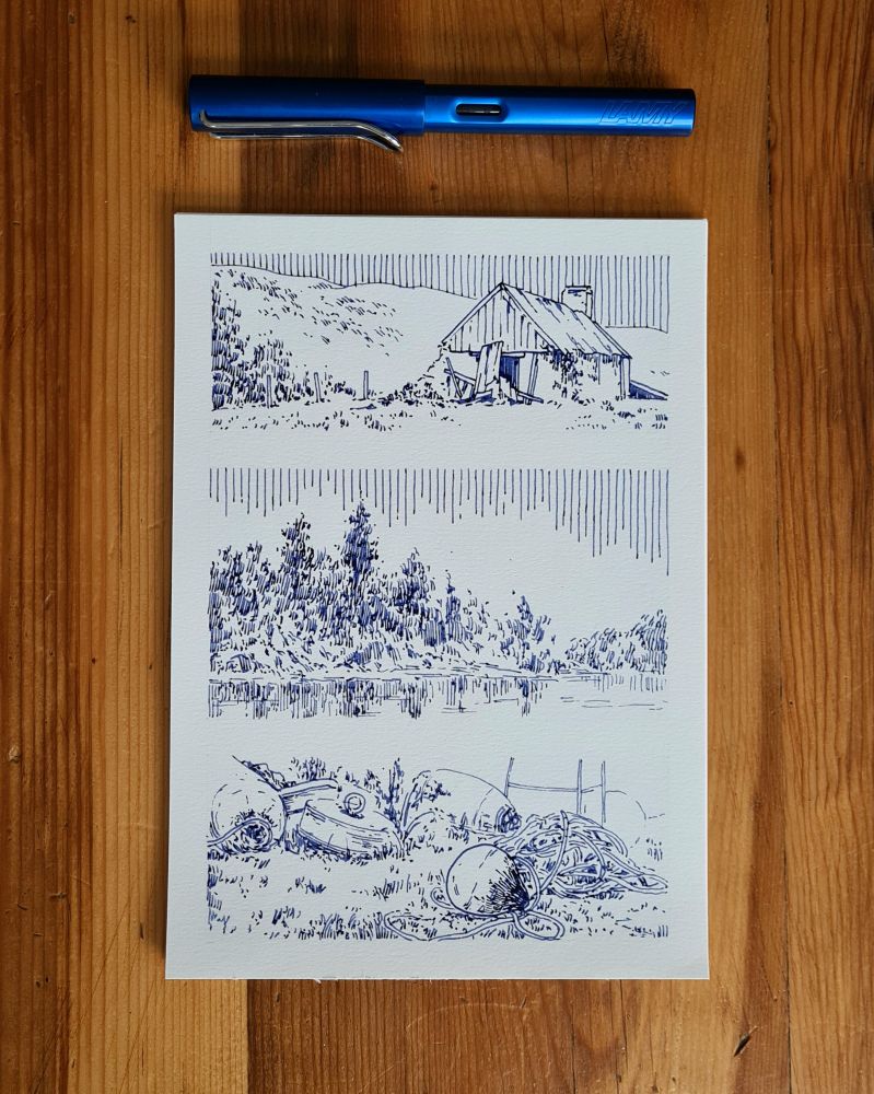 A photo of an original fountain pen ink drawing on A5 paper. The drawing is monochrome blue and created with a fountain pen line hatching shading. 