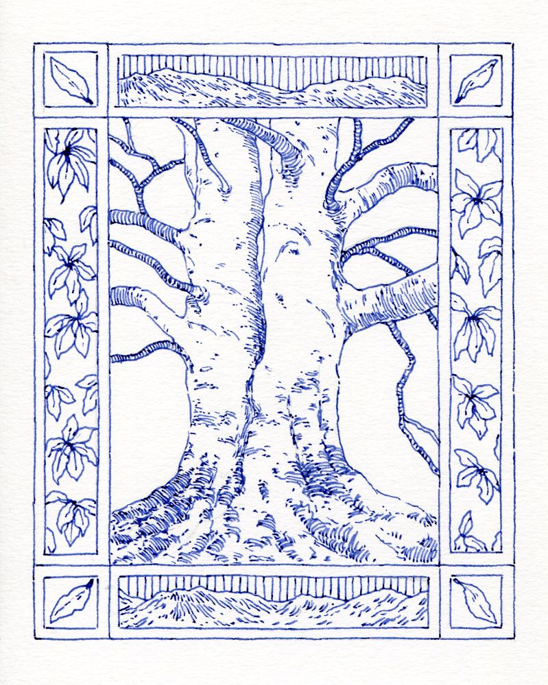 A hand-drawn decorative border featuring drawings of leaves and a central illustration of a beech tree trunk on white paper. The drawing is monochrome blue and created with a fountain pen line hatching shading technique 