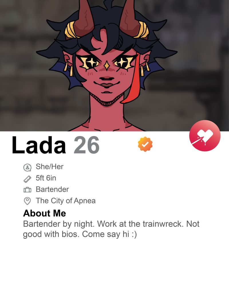 Lada: 26
Red demon girl with short hair.
“Bartender by night…”