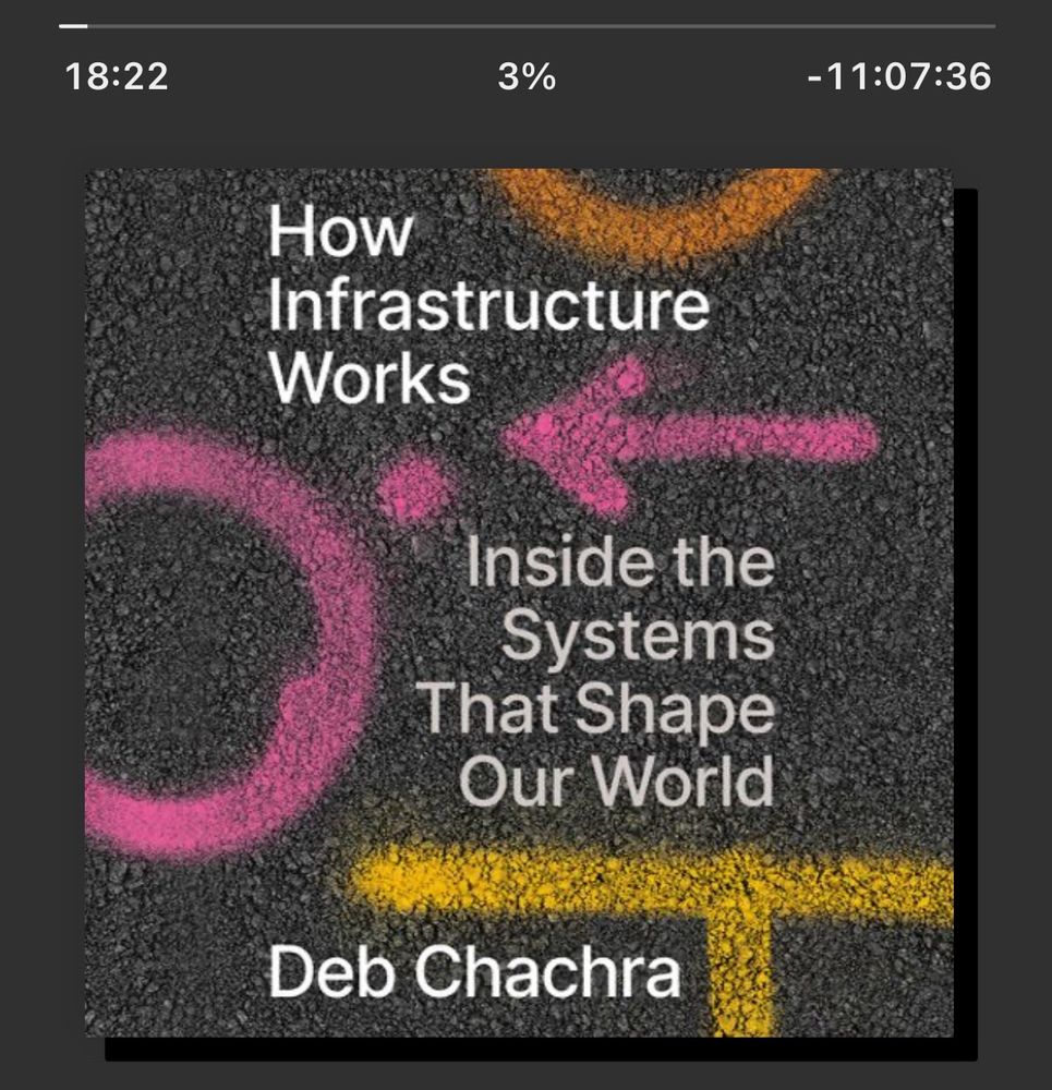 The cover for the audiobook edition of How Infrastructure Works: Inside Systems That Shape Our World by Deb Chachra - the cover features the title text and an asphalt background with spray paint construction markings.