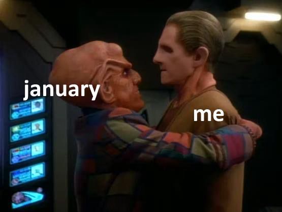 Quark - the mischievous owner of Quark’s Bar - clings to DS9 security Odo in a tight embrace, smirking in an oddly earnest way. Odo wears a very unimpressed expression. This is their vibe from seasons 1-5 of DS9. The author has added me over Odo and January over Quark.
